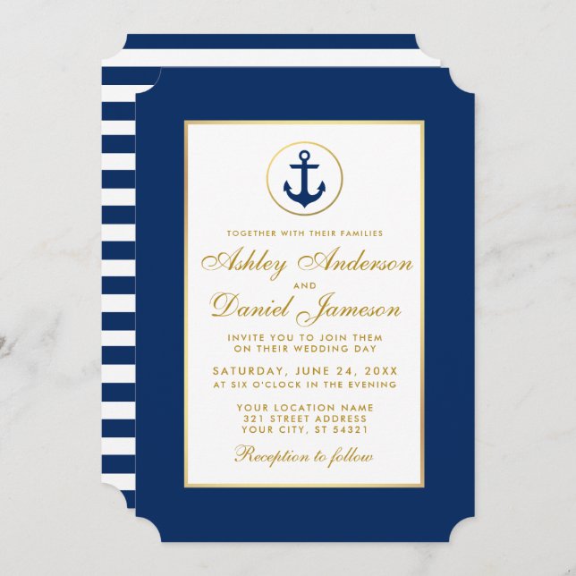Nautical Wedding Blue Striped Gold Invitation G (Front/Back)