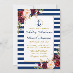 Nautical Wedding Blue Stripes Burgundy Invite
