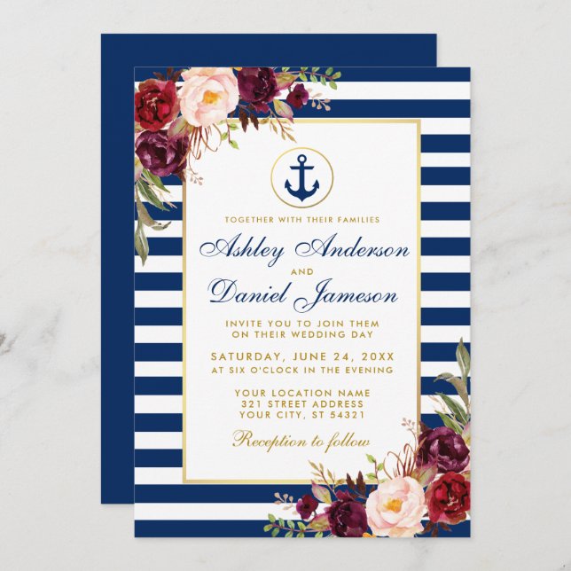 Nautical Wedding Blue Stripes Burgundy Invite B (Front/Back)