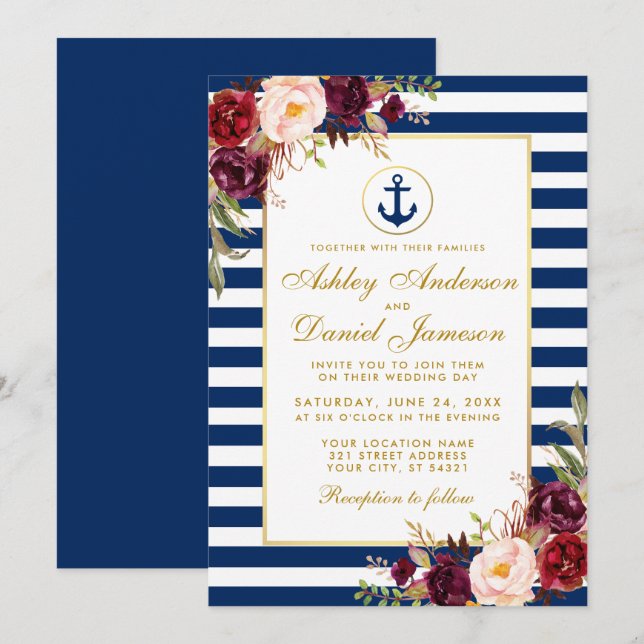 Nautical Wedding Blue Stripes Burgundy Invite GB (Front/Back)