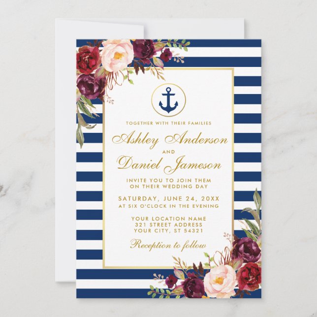 Nautical Wedding Blue Stripes Burgundy Invite GW (Front)