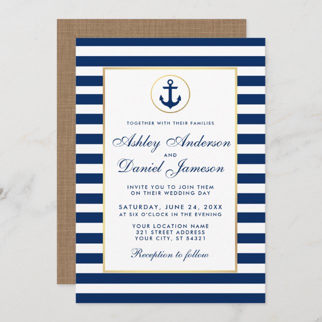 Nautical Wedding Blue Stripes Burlap Invite (Front/Back)