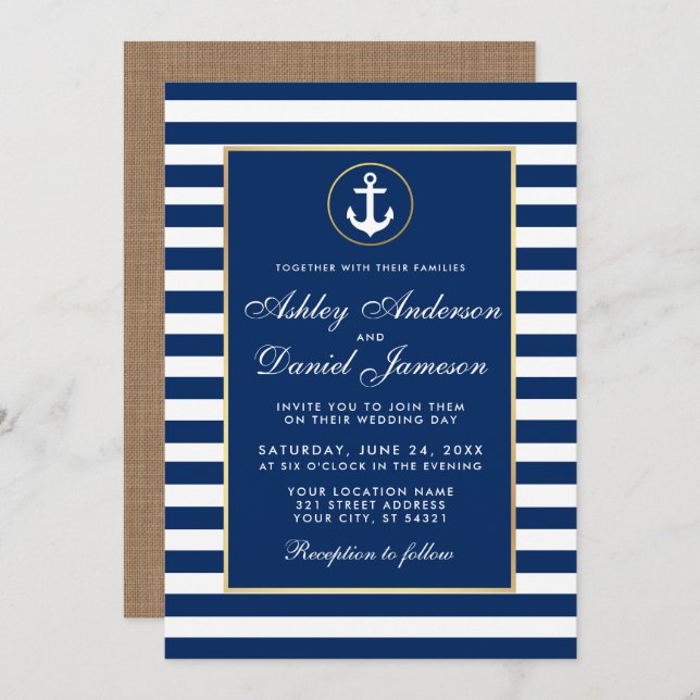 Nautical Wedding Blue Stripes Burlap Invite (Front/Back)