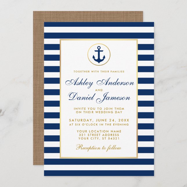 Nautical Wedding Blue Stripes Gold Burlap Invite (Front/Back)