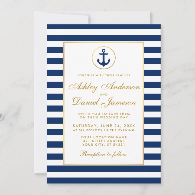 Nautical Wedding Blue Stripes Gold Invitation G (Front)