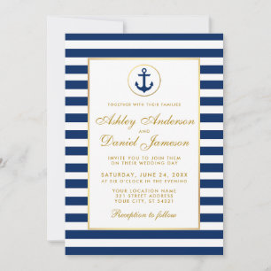 Nautical Wedding Blue Stripes Gold Invitation GW