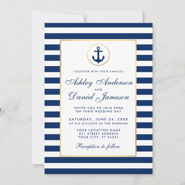 Nautical Wedding Blue Stripes Invitation W (Front)