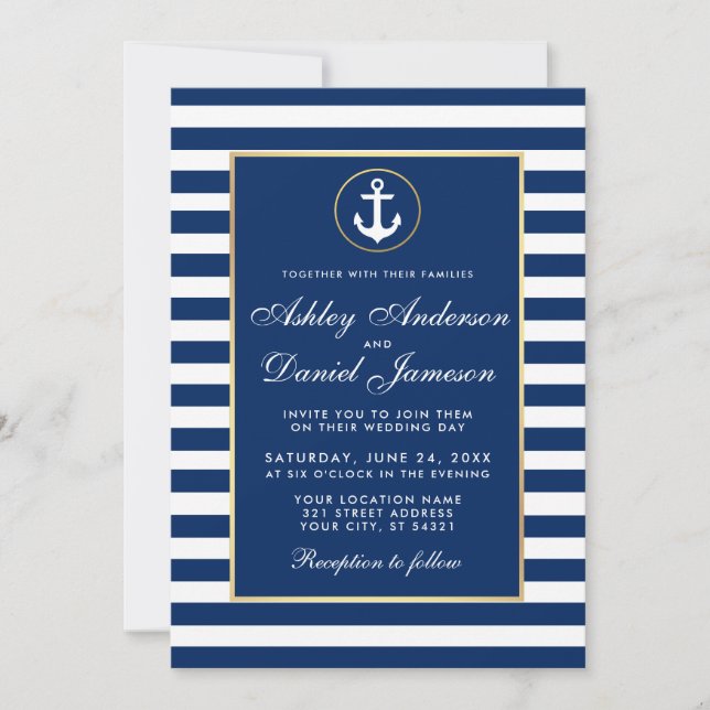 Nautical Wedding Blue Stripes Invite W (Front)