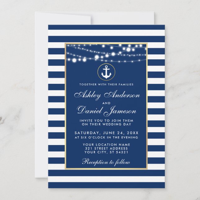 Nautical Wedding Blue Stripes Lights Invitation (Front)