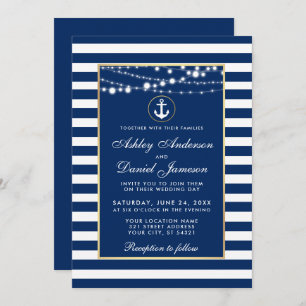 Nautical Wedding Blue Stripes Lights Invite B