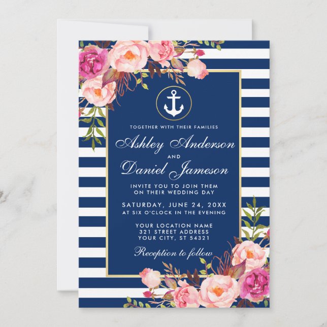 Nautical Wedding Blue Stripes Pink Floral Invite (Front)