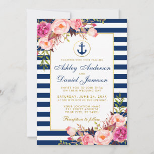 Nautical Wedding Blue Stripes Pink Floral Invite W