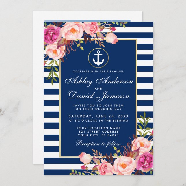 Nautical Wedding Blue Stripes Pink Floral Photo Invitation (Front/Back)