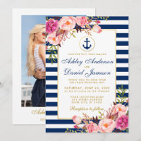 Nautical Wedding Blue Stripes Pink Floral Photo