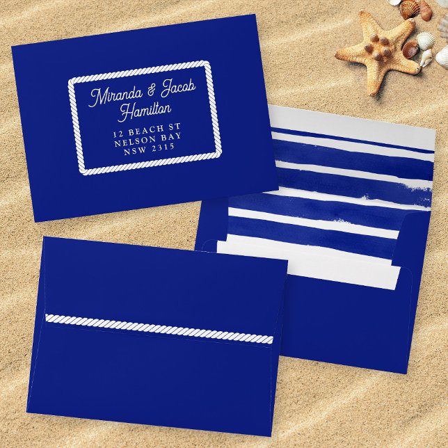 Nautical Wedding Blue Watercolor Rope Striped RSVP Envelope (Mockup of front, back and inside of envelope)