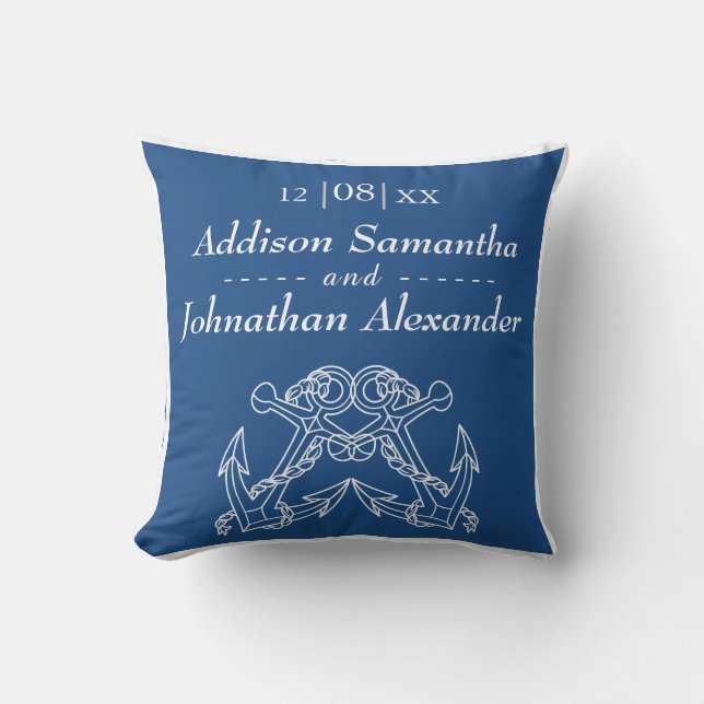 Nautical Wedding Blue White Anchor Names Date Cushion (Front)