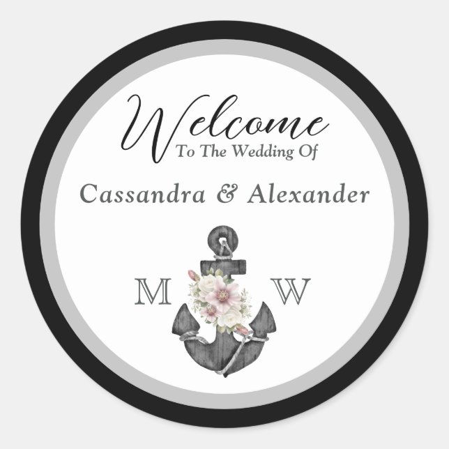 Nautical Wedding Floral Anchor Black and White Classic Round Sticker (Front)