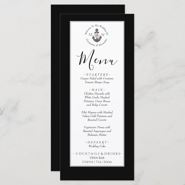 Nautical Wedding Floral Anchor Black and White Menu (Front/Back)