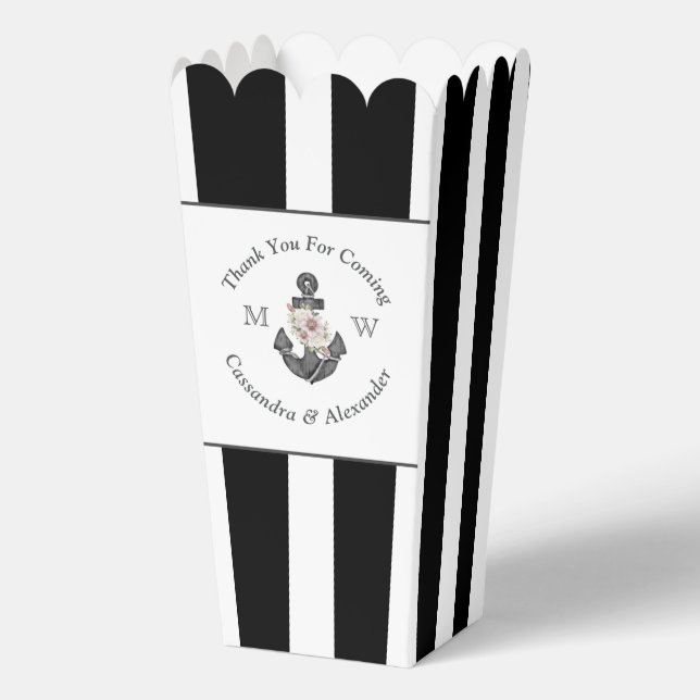 Nautical Wedding Floral Anchor Black White Popcorn Favour Box (Front)