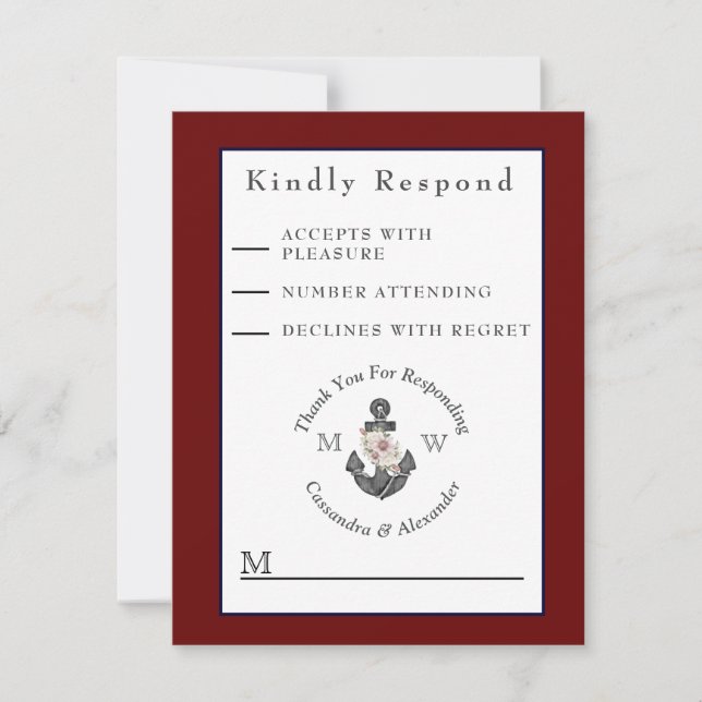 Nautical Wedding Floral Anchor Maroon Burgundy Red RSVP Card (Front)
