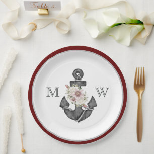 Nautical Wedding Floral Anchor Maroon Red  White Paper Plate