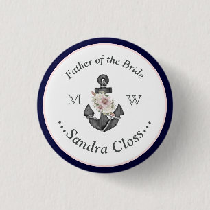 Nautical Wedding Floral Anchor Navy Blue and Pink 3 Cm Round Badge