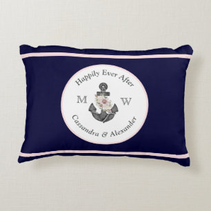 Nautical Wedding Floral Anchor Navy Blue Pink Decorative Cushion