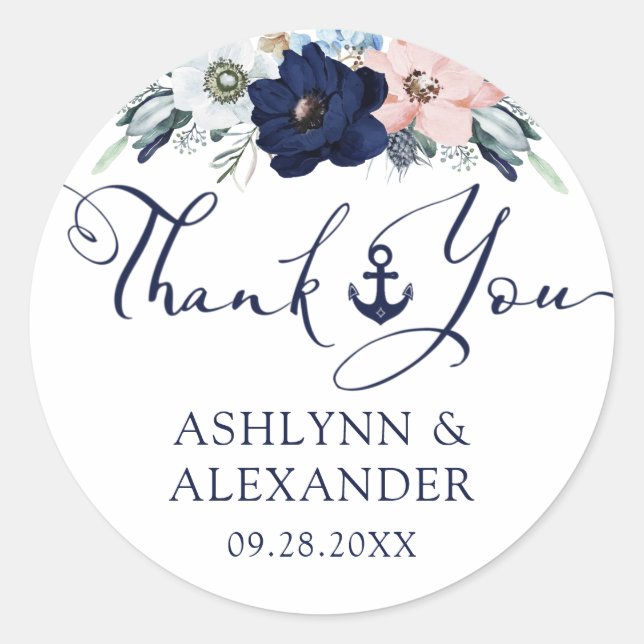 Nautical Wedding Floral Anchor Navy Blue Thank You Classic Round Sticker (Front)