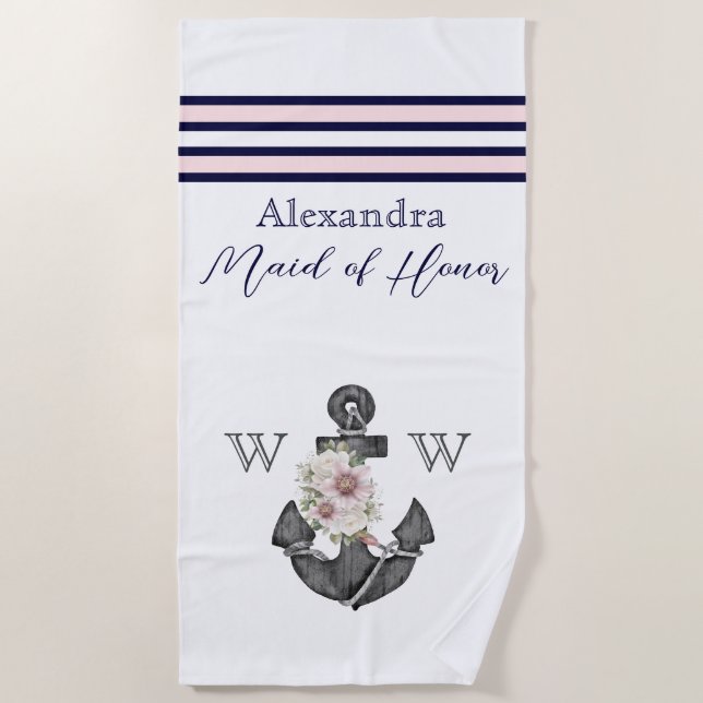 Nautical Wedding Floral Anchor Navy Maid of Honour Beach Towel (Front)