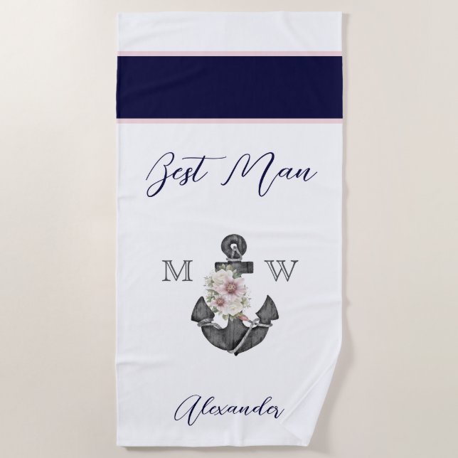 Nautical Wedding Floral Anchor Pink Navy Bestman Beach Towel (Front)
