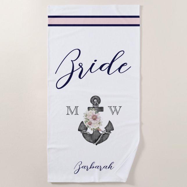 Nautical Wedding Floral Anchor Pink Navy Brides Beach Towel (Front)