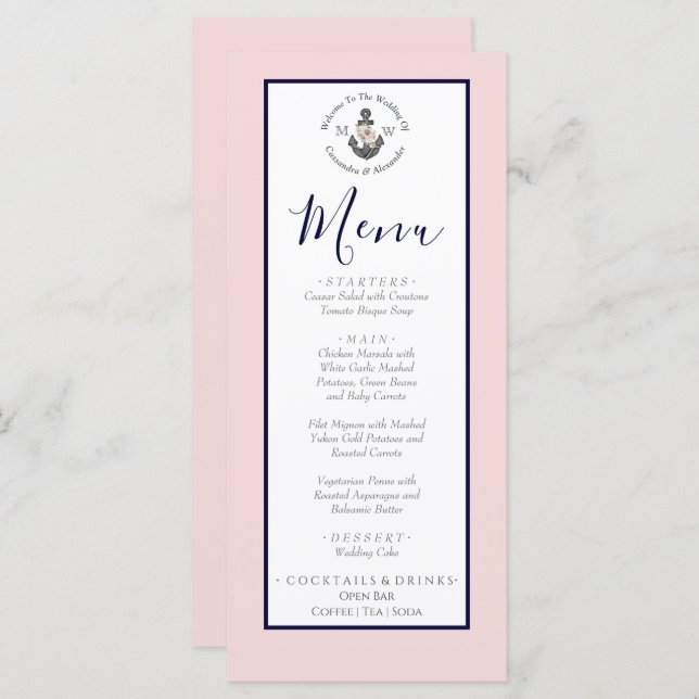 Nautical Wedding Floral Anchor Pink Navy Grey Menu (Front/Back)