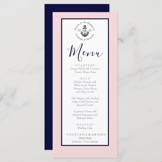 Nautical Wedding Floral Anchor Pink Navy Grey Menu (Front/Back)