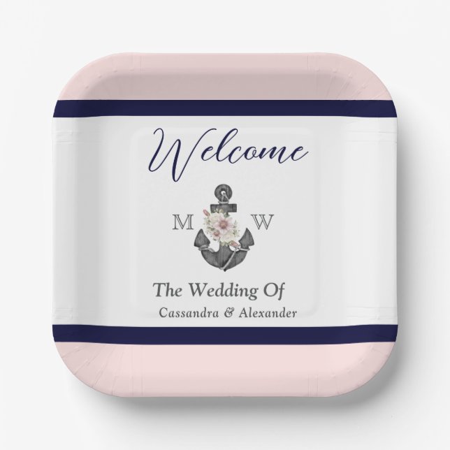 Nautical Wedding Floral Anchor Pink Navy Welcome Paper Plate (Front)