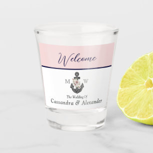 Nautical Wedding Floral Anchor Pink Navy Welcome  Shot Glass