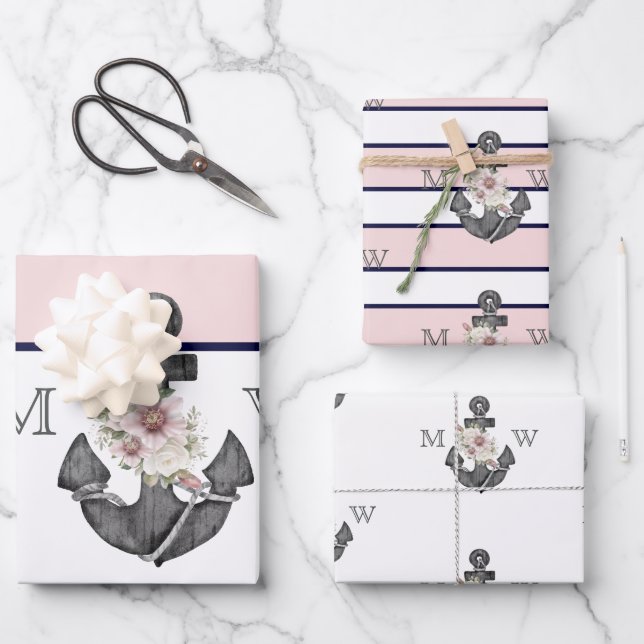 Nautical Wedding Floral Anchor Pink Navy  Wrapping Paper Sheet (Front)