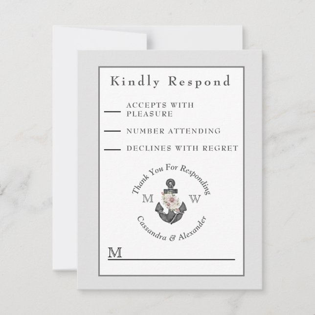 Nautical Wedding Floral Anchor Silver Grey White RSVP Card (Front)