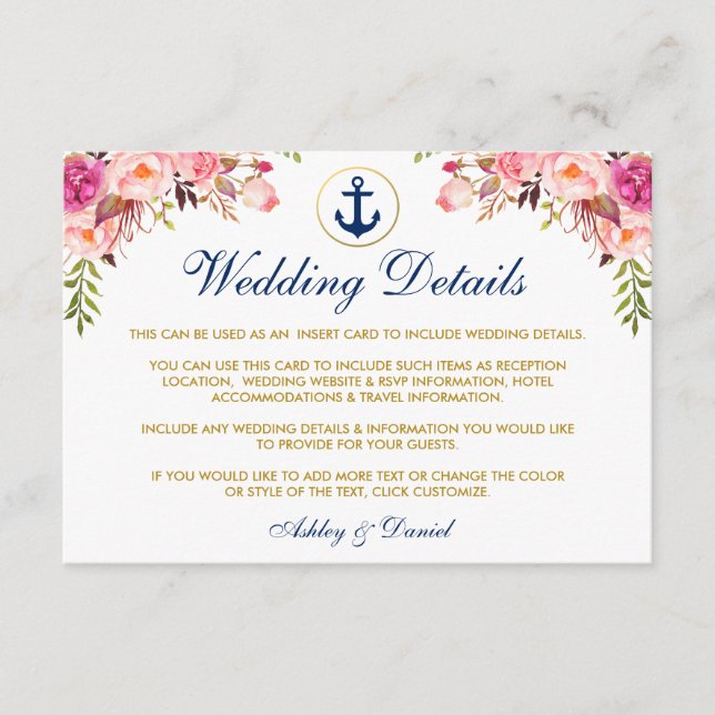 Nautical Wedding Floral Details Blue Insert Card S (Front)