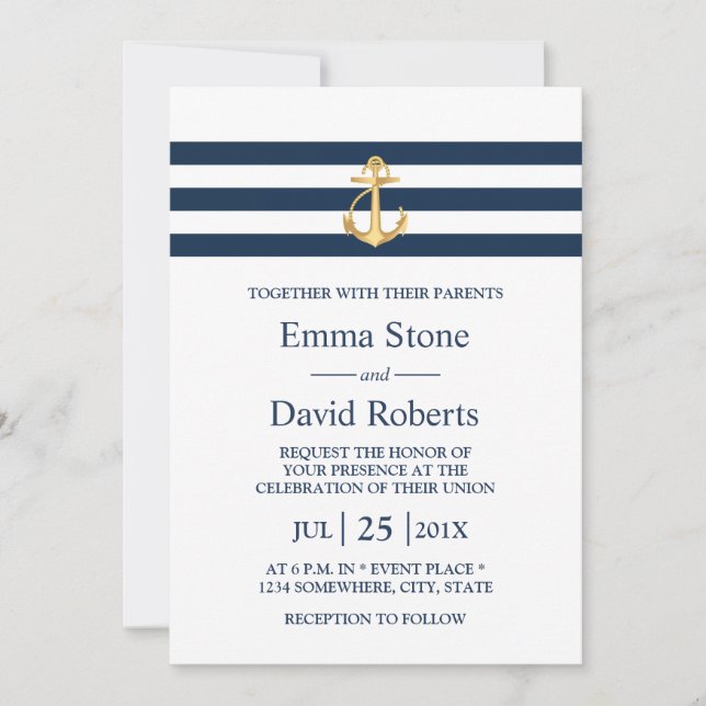 Nautical Wedding Gold Anchor Navy Stripes Invitation (Front)
