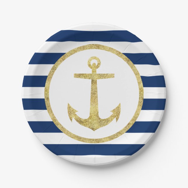 Nautical Wedding Gold Anchor Royal Blue Stripes Paper Plate (Front)