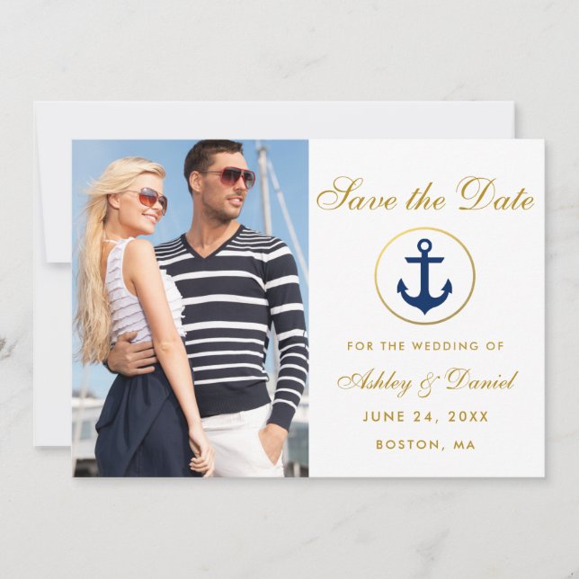 Nautical Wedding Gold Blue Save The Date Photo W (Front)
