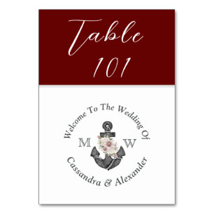 Nautical Wedding Maroon Red Floral Anchor Table Number