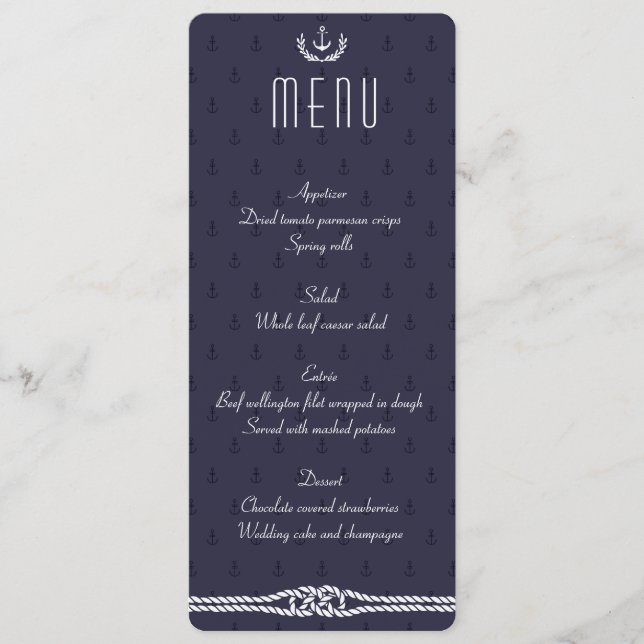Nautical Wedding Menu With Blue Anchors (Front)