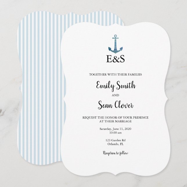Nautical Wedding Monogram Blue Stripe Invitation (Front/Back)