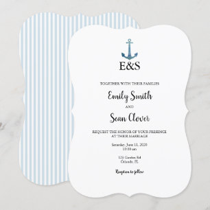 Nautical Wedding Monogram Blue Stripe Invitation