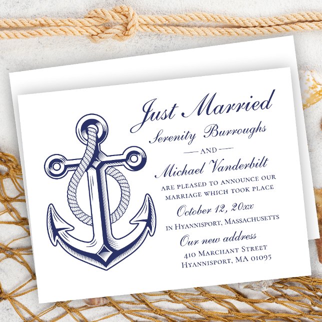 Nautical Wedding Navy Blue Anchor Just Married  Invitation (Creator Uploaded)