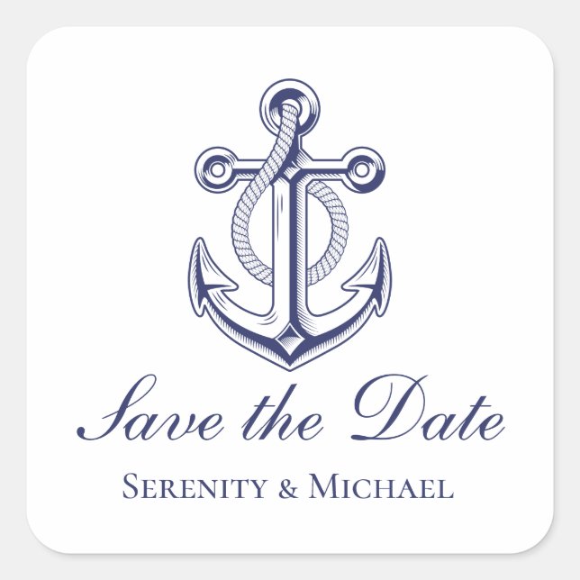 Nautical Wedding Navy Blue Anchor Save the Date  Square Sticker (Front)