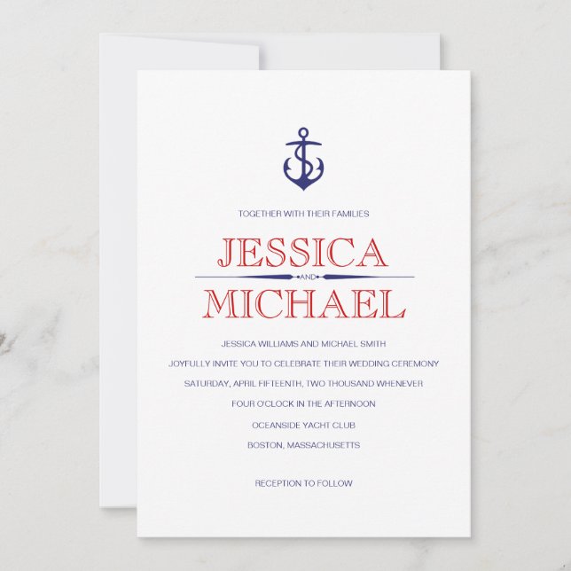 Nautical Wedding Navy Blue Nautical Red Stripes In Invitation (Front)