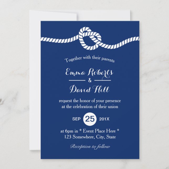 Nautical Wedding Navy Blue Tying the Knot Elegant Invitation (Front)