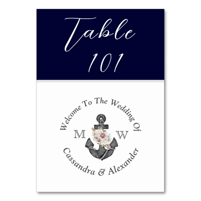 Nautical Wedding Navy Blue White Floral Anchor Table Number (Front)
